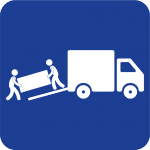 Op de afbeelding zie je een blauwe achtergrond met een vrachtwagen met open klep op de voorgrond. Twee figuren dragen een box naar buiten.
