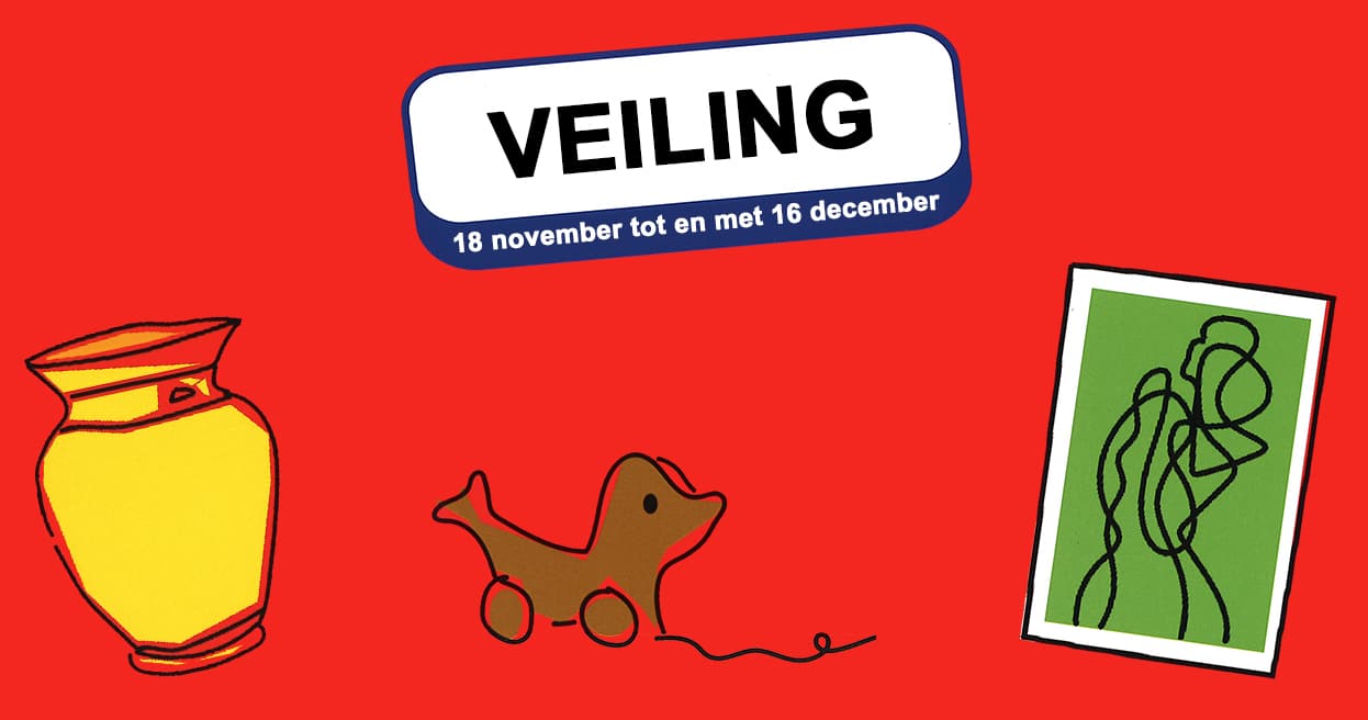 Op de afbeelding staat de aankondiging van de veiling 2023. Links boven in beeld zie je de tekst 'VEILING, 18 oktober tot en met 16 december' staan. Op de rode achtergrond zie je een vaas, speelgoedhond en schilderij als plaatje staan.